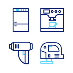 Poster - Set line Electric jigsaw, industrial dryer, Coffee machine and cup and Refrigerator icon. Vector