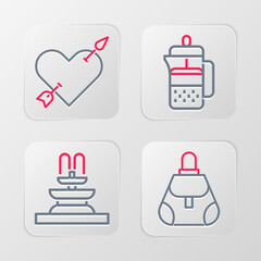 Sticker - Set line Handbag, Fountain, French press and Amour with heart arrow icon. Vector