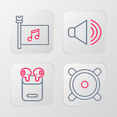 Sticker - Set line Stereo speaker, Air headphones in box, Speaker volume and Music festival flag icon. Vector