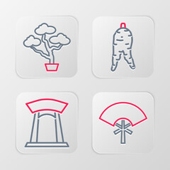 Sticker - Set line Traditional fan, Korean gate, Ginseng root and Bonsai tree icon. Vector