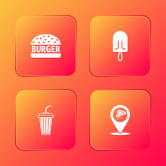 Sticker - Set Burger, Ice cream, Glass with water and Location slice pizza icon. Vector