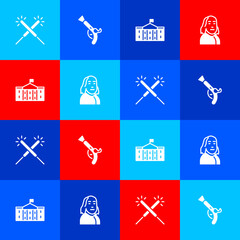 Sticker - Set Sparkler firework, Vintage pistols, United States Capitol Congress and Benjamin Franklin icon. Vector