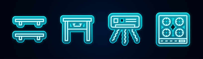 Sticker - Set line Empty wooden shelves, Furniture nightstand, Air conditioner and Gas stove. Glowing neon icon. Vector