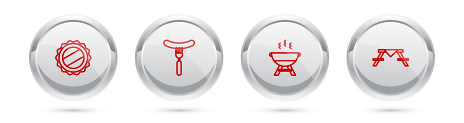 Wall Mural - Set line Bottle cap, Sausage on the fork, Barbecue grill and Picnic table with benches. Silver circle button. Vector