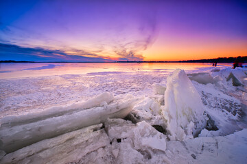 Ice sheets jutting up on the frozen surface of Lake Monona. 