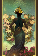 Tarot Card, Beautiful Dancer Among Flowers, Alphonse Mucha Style, Made By AI