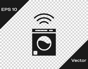 Sticker - Black Smart washer system icon isolated on transparent background. Washing machine icon. Internet of things concept with wireless connection. Vector