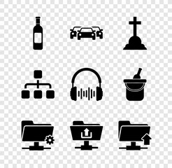 Canvas Print - Set Bottle of wine, Cars, Tombstone with cross, FTP settings folder, upload and icon. Vector