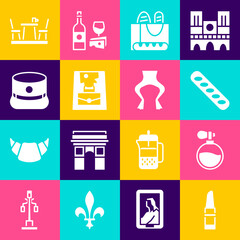 Poster - Set Lipstick, Perfume, French baguette bread, Handbag, Kepi, cafe and Frog legs icon. Vector