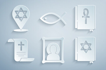 Sticker - Set Christian icon, Cross ankh book, Decree, paper, parchment, scroll, Jewish torah, fish and Star of David icon. Vector