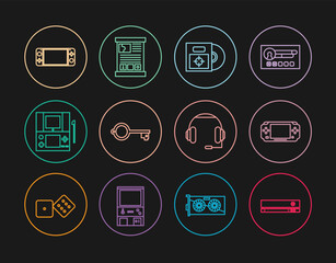 Poster - Set line Video game console, Portable video, CD DVD disk in box, Ancient key for, Headphones and Game guide icon. Vector