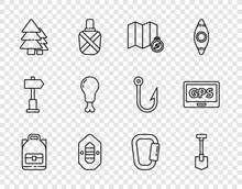 Set Line Hiking Backpack, Shovel, Location Of The Forest On Map, Rafting Boat, Tree, Chicken Leg, Carabiner And Gps Device With Icon. Vector