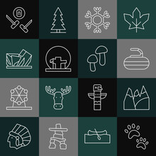 Set Line Paw Print, Mountains, Stone For Curling, Snowflake, Montreal Biosphere, Royal Ontario Museum, Curling Sport Game And Mushroom Icon. Vector