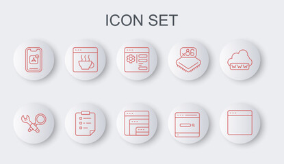 Set line Browser window, Debugging, setting, Search engine, Mobile Apps, Software, Clipboard with checklist and icon. Vector