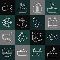 Poster - Set line Bottle with message in water, Fish, Aqualung, Life jacket, Anchor, Ship steering wheel, Submarine and Bird seagull icon. Vector