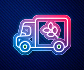 Poster - Glowing neon line Flour truck icon isolated on blue background. Vector