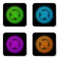 Canvas Print - Glowing neon line Mute microphone icon isolated on white background. Microphone audio muted. Black square button. Vector