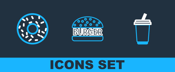 Sticker - Set line Glass with water, Donut and Burger icon. Vector