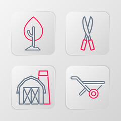 Sticker - Set line Wheelbarrow, Farm house, Gardening handmade scissors and Tree icon. Vector