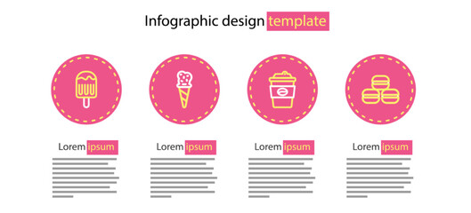 Sticker - Set line Coffee cup to go, Macaron cookie, Ice cream in waffle cone and icon. Vector