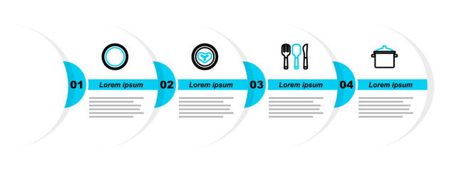 Wall Mural - Set line Cooking pot, Fork, spoon and knife, Steak meat plate and Plate icon. Vector