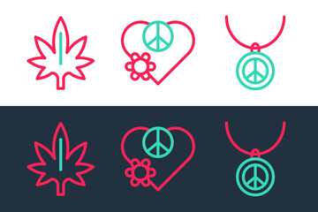 Sticker - Set line Necklace with peace symbol, Marijuana and Love icon. Vector