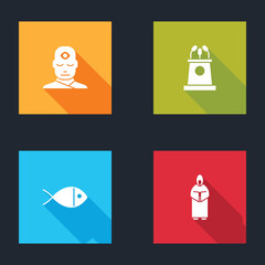 Poster - Set Man with third eye, Stage stand or tribune, Christian fish and Monk icon. Vector