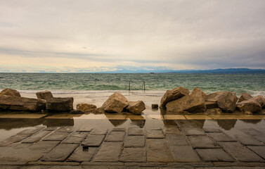 Wall Mural - High water on the waterfront of Piran town in Slovenia in mid September
