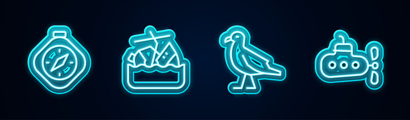 Poster - Set line Compass, Sinking cruise ship, Bird seagull and Submarine. Glowing neon icon. Vector