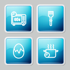 Sticker - Set line Microwave oven, Fork, Broken egg and Cooking pot icon. Vector