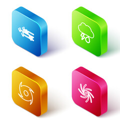 Sticker - Set Isometric line Wind and snow, Cloud with rain lightning, Tornado and icon. Vector