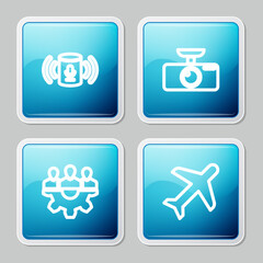 Poster - Set line Voice assistant, Car DVR, Project team base and Plane icon. Vector