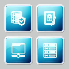 Poster - Set line Server with shield, Tablet closed padlock, FTP folder and Server, Data, Web Hosting icon. Vector