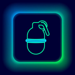 Sticker - Glowing neon line Hand grenade icon isolated on black background. Bomb explosion. Colorful outline concept. Vector