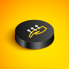 Poster - Isometric line Acupuncture therapy on the hand icon isolated on yellow background. Chinese medicine. Holistic pain management treatments. Black circle button. Vector