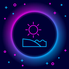 Sticker - Glowing neon line Beach icon isolated on black background. Tropical beach landscape. Good sunny day. Colorful outline concept. Vector