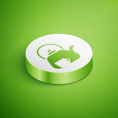 Poster - Isometric Traditional tea ceremony icon isolated on green background. Teapot with cup. White circle button. Vector