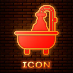 Sticker - Glowing neon Bathtub icon isolated on brick wall background. Vector