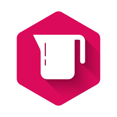 Sticker - White Coffee pot icon isolated with long shadow. Pink hexagon button. Vector