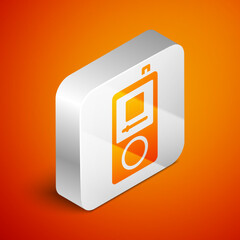 Canvas Print - Isometric Music player icon isolated on orange background. Portable music device. Silver square button. Vector