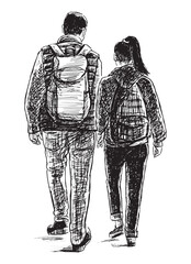 Wall Mural - Hand drawing of young tourists couple walking outdoors together