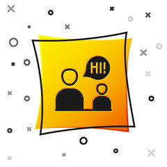 Wall Mural - Black Two sitting men talking icon isolated on white background. Speech bubble chat. Message icon. Communication or comment chat symbol. Yellow square button. Vector