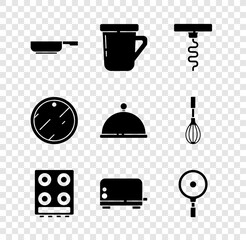 Poster - Set Frying pan, Coffee cup, Wine corkscrew, Gas stove, Toaster, Cutting board and Covered with tray icon. Vector