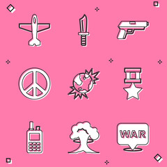 Canvas Print - Set Plane, Military knife, Pistol or gun, Peace, Bomb explosive planet earth, reward medal, Walkie talkie and Nuclear explosion icon. Vector