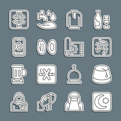 Sticker - Set line Star and crescent, Turkish hat, Speaker mute, Shirt kurta, Date fruit, No alcohol and Traditional carpet icon. Vector