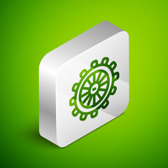 Poster - Isometric line Ship steering wheel icon isolated on green background. Silver square button. Vector