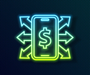 Sticker - Glowing neon line Smartphone with dollar symbol icon isolated on black background. Online shopping concept. Financial mobile phone icon. Online payment. Vector