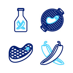 Poster - Set line Crossed hot chili pepper pod, Steak meat, Barbecue grill with steak and Ketchup bottle icon. Vector