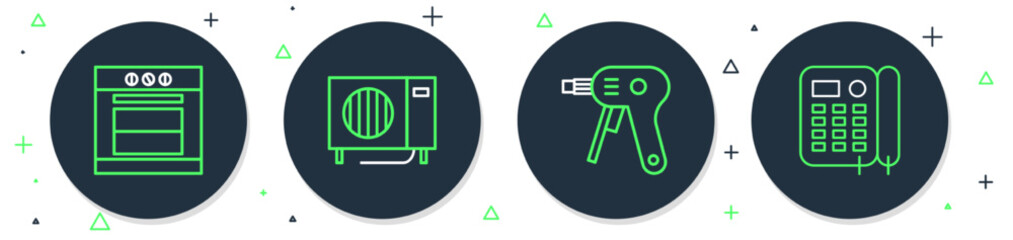 Poster - Set line Air conditioner, Electric hot glue gun, Oven and Telephone icon. Vector