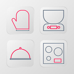 Sticker - Set line Electric stove, Covered with tray, Electronic scales and Oven glove icon. Vector